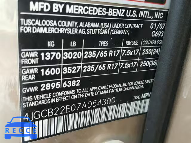 2007 MERCEDES-BENZ R 320 CDI 4JGCB22E07A054300 зображення 9