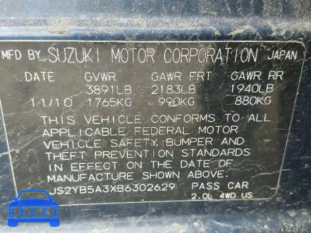 2011 SUZUKI SX4 BASE JS2YB5A3XB6302629 image 9