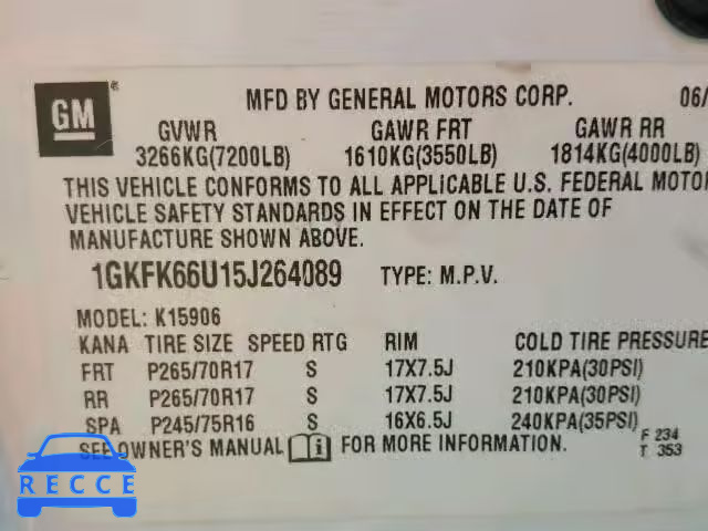 2005 GMC YUKON XL D 1GKFK66U15J264089 image 9