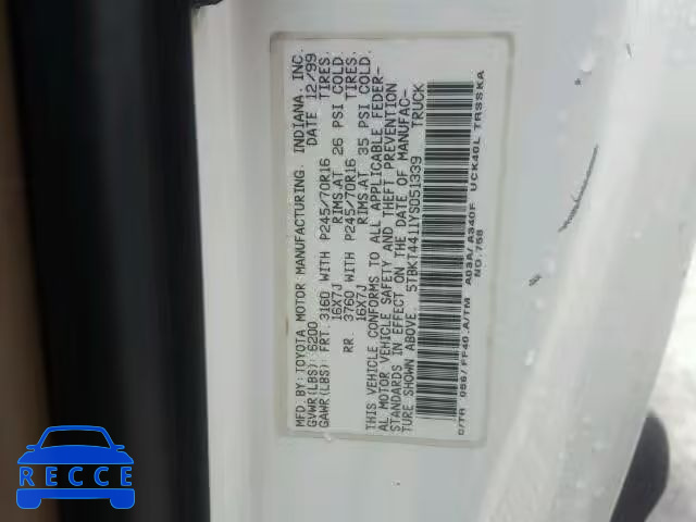 2000 TOYOTA TUNDRA SR5 5TBKT4411YS051339 image 9