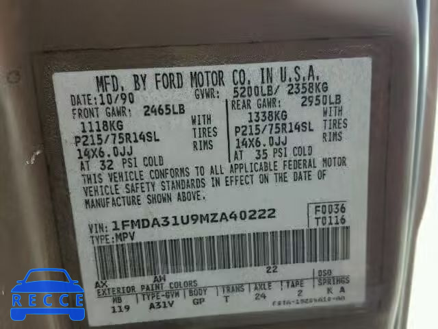 1991 FORD AEROSTAR 1FMDA31U9MZA40222 image 9