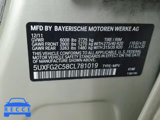 2012 BMW X6 XDRIVE3 5UXFG2C58CL781019 зображення 9