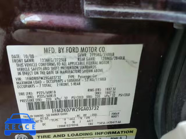 2009 FORD TAURUS X 1FMDK07W29GA03732 image 9