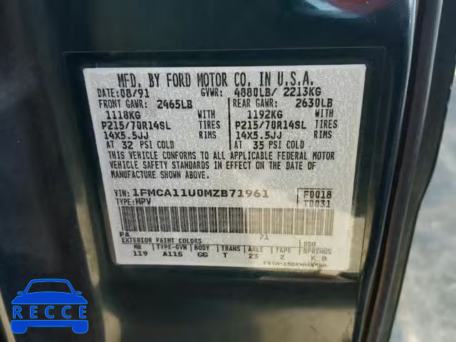 1991 FORD AEROSTAR 1FMCA11U0MZB71961 image 9