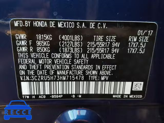 2017 HONDA HR-V EXL 3CZRU5H73HM715478 image 9