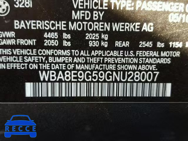 2016 BMW 328 I SULE WBA8E9G59GNU28007 image 9