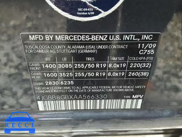 2010 MERCEDES-BENZ ML 350 4MA 4JGBB8GBXAA566330 зображення 9