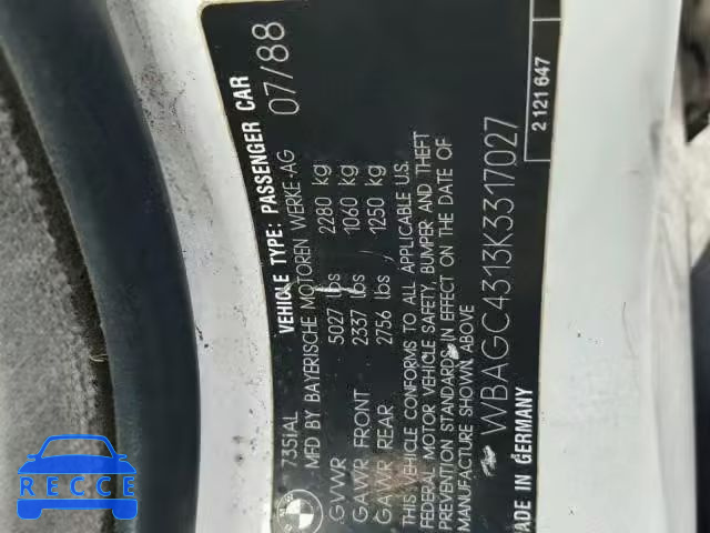 1989 BMW 735 IL WBAGC4313K3317027 зображення 9