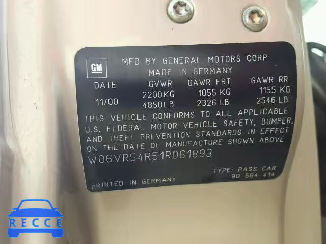 2001 CADILLAC CATERA BAS W06VR54R51R061893 Bild 9