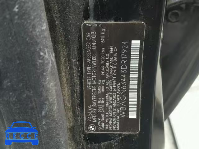 2003 BMW 745 LI WBAGN63443DR17924 image 9