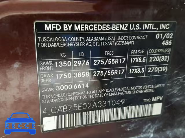 2002 MERCEDES-BENZ ML 500 4JGAB75E02A331049 зображення 9