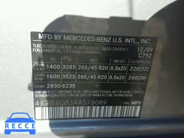 2010 MERCEDES-BENZ ML 350 4MA 4JGBB8GB3AA578089 Bild 9