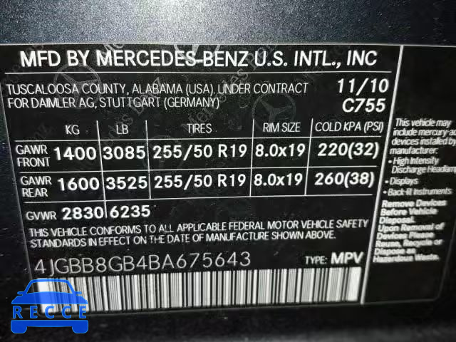 2011 MERCEDES-BENZ ML 350 4MA 4JGBB8GB4BA675643 Bild 9