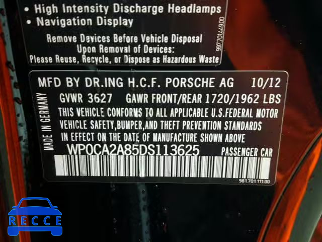 2013 PORSCHE BOXSTER WP0CA2A85DS113625 image 9