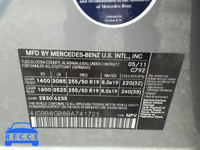 2011 MERCEDES-BENZ ML 350 4MA 4JGBB8GB8BA741725 зображення 9