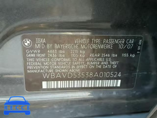 2008 BMW 335 XI WBAVD53538A010524 image 9