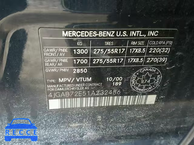 2001 MERCEDES-BENZ ML 430 4JGAB72E51A232486 Bild 9