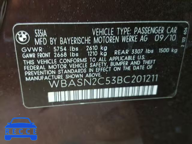 2011 BMW 535 GT WBASN2C53BC201211 зображення 9