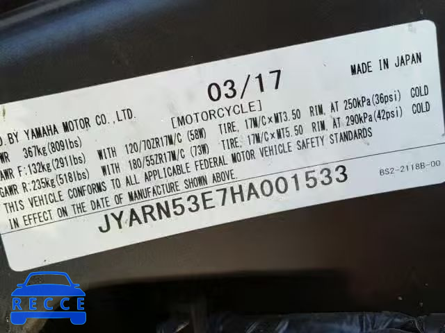 2017 YAMAHA FZ09 JYARN53E7HA001533 зображення 9