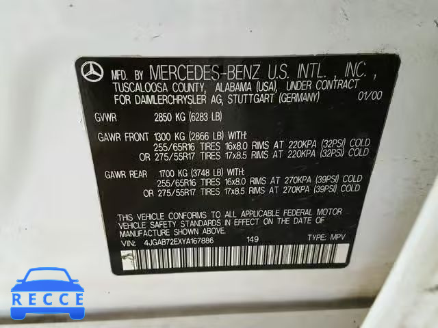 2000 MERCEDES-BENZ ML 430 4JGAB72EXYA167886 Bild 9