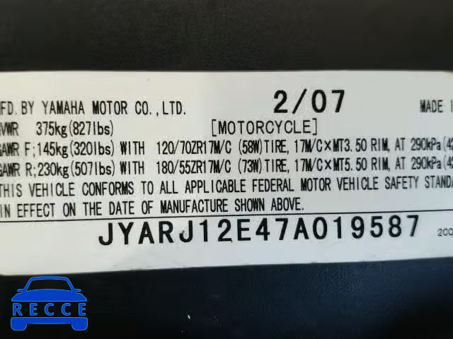 2007 YAMAHA YZFR6 L JYARJ12E47A019587 Bild 9