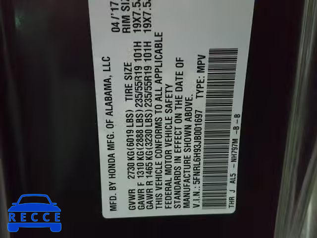 2018 HONDA ODYSSEY EL 5FNRL6H93JB001697 image 9