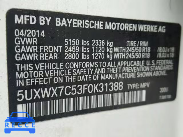 2015 BMW X3 XDRIVE3 5UXWX7C53F0K31388 зображення 9