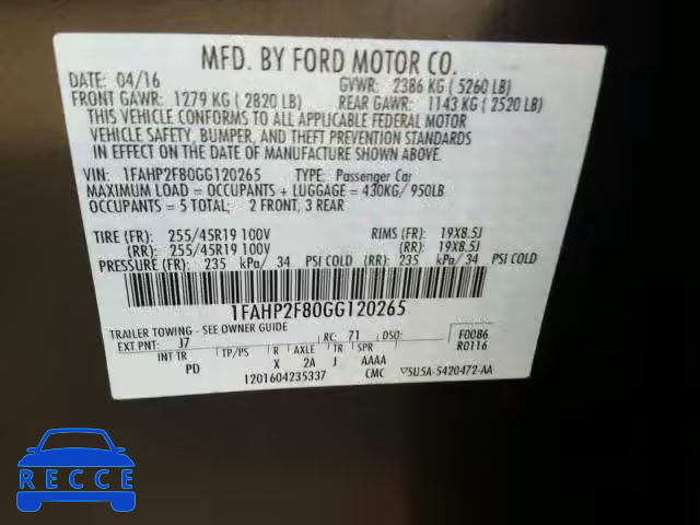 2016 FORD TAURUS LIM 1FAHP2F80GG120265 зображення 9