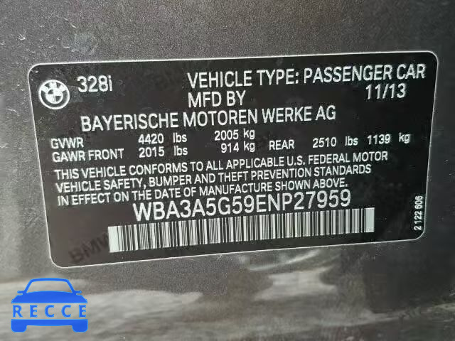 2014 BMW 328 I WBA3A5G59ENP27959 зображення 9