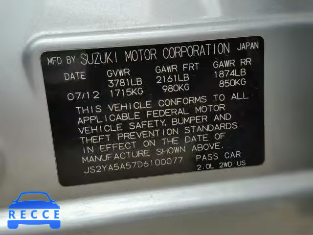 2013 SUZUKI SX4 BASE JS2YA5A57D6100077 зображення 9