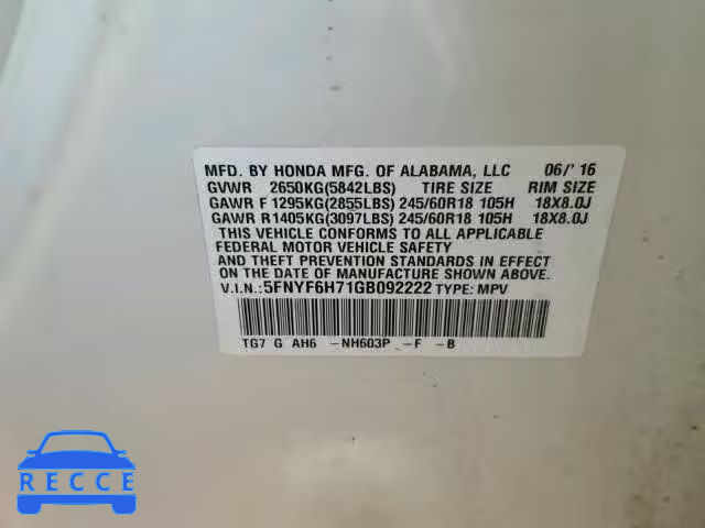 2016 HONDA PILOT EXLN 5FNYF6H71GB092222 image 9