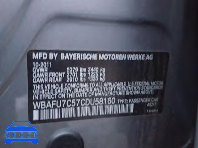 2012 BMW 535 XI WBAFU7C57CDU58160 зображення 9
