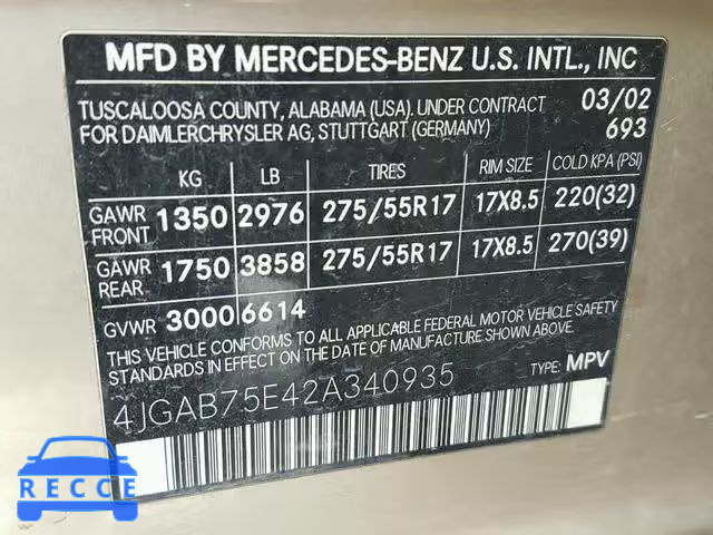 2002 MERCEDES-BENZ ML 500 4JGAB75E42A340935 image 9