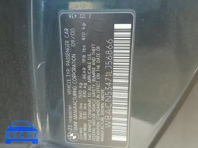 2001 BMW Z3 3.0 WBACN53471LJ56866 зображення 9