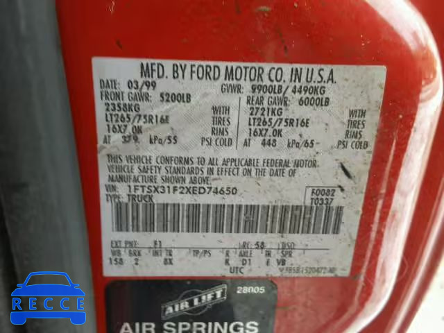 1999 FORD F350 SRW S 1FTSX31F2XED74650 image 9