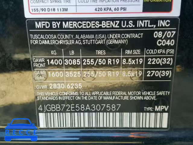 2008 MERCEDES-BENZ ML 550 4JGBB72E58A307587 зображення 9