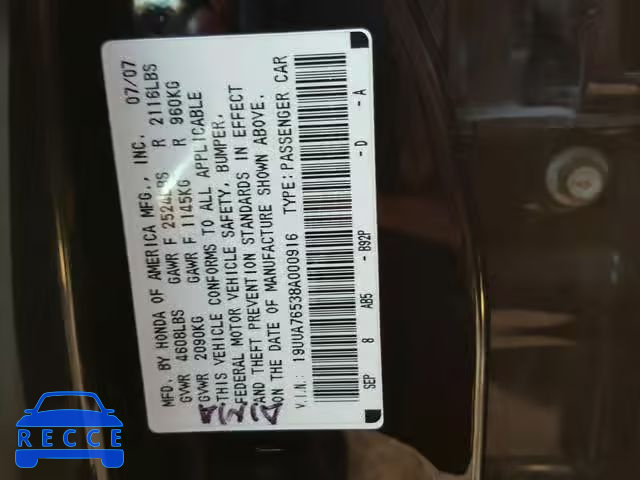 2008 ACURA TL TYPE S 19UUA76538A000916 зображення 9