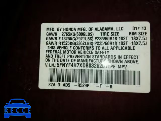 2013 HONDA PILOT EXLN 5FNYF4H7XDB032620 image 9