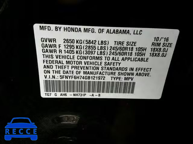 2016 HONDA PILOT EXLN 5FNYF6H74GB121972 зображення 9