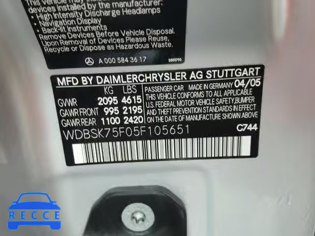 2005 MERCEDES-BENZ SL 500 WDBSK75F05F105651 Bild 9