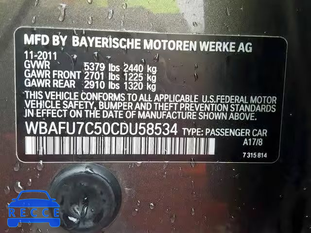 2012 BMW 535 XI WBAFU7C50CDU58534 зображення 9