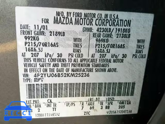 2002 MAZDA TRIBUTE DX 4F2YU06B52KM25236 image 9