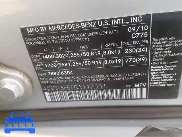 2011 MERCEDES-BENZ R 350 4MAT 4JGCB6FE9BA117551 зображення 9