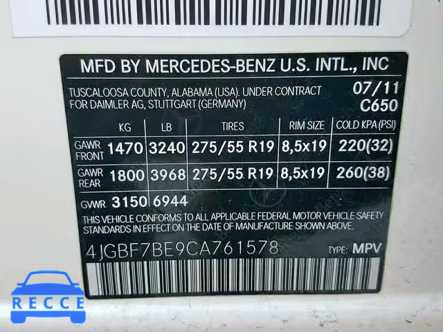 2012 MERCEDES-BENZ GL 450 4JGBF7BE9CA761578 зображення 9
