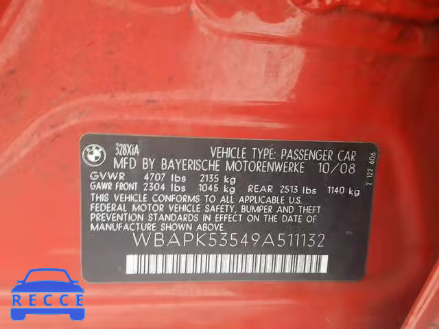 2009 BMW 3 SERIES WBAPK53549A511132 image 9
