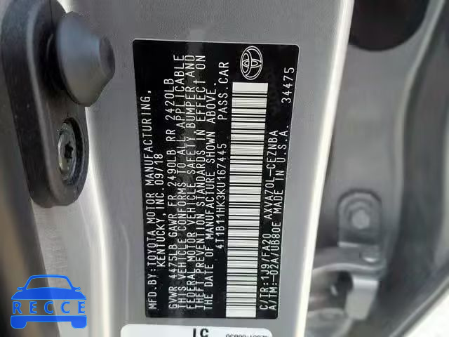 2019 TOYOTA CAMRY L 4T1B11HK3KU167445 image 9