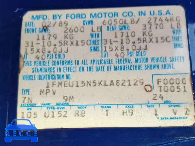 1989 FORD BRONCO U10 1FMEU15N5KLA82129 image 7