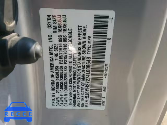 2004 HONDA ELEMENT DX 5J6YH27274L008643 image 9
