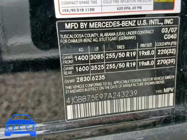 2007 MERCEDES-BENZ ML 500 4JGBB75E97A243239 зображення 9