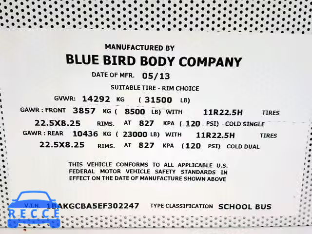 2014 BLUE BIRD SCHOOL BUS 1BAKGCBA5EF302247 image 9